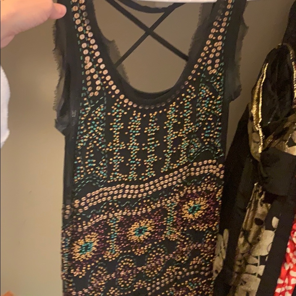 Natural beaded black overlay mini dress